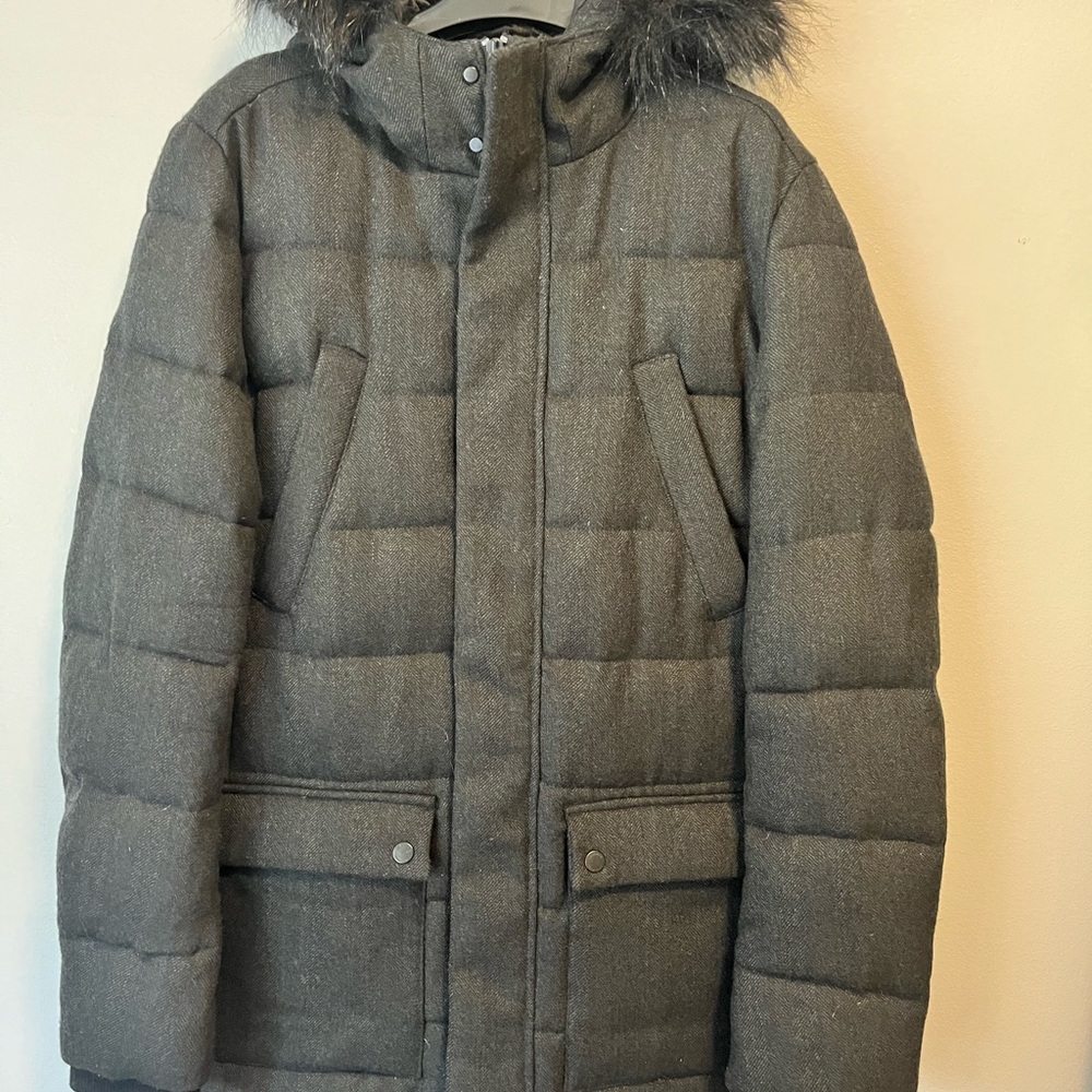 Calvin Klein Charcoal 100% Herringbone Wool Winter Parka Black Faux Fur Fits M